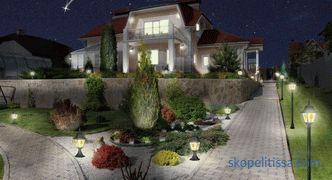 Lighting of a plot of a country house, outdoor street decorative lighting, options, photos