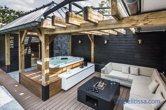 Projects of baths with a terrace and barbecue: photos, layout, location